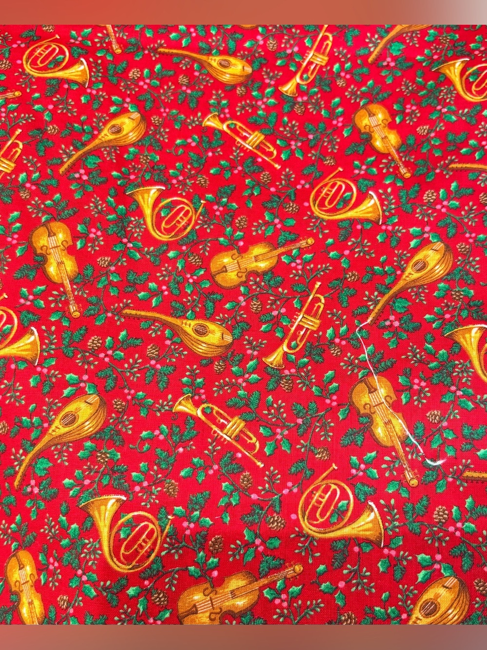 Vintage 70s Cranston VIP Cotton CHRISTMAS Fabric French Horns~ 3 Yards